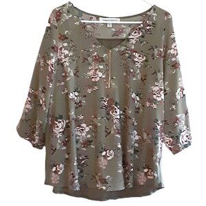 Tempted Hearts Women Blouse 1X Olive Floral Boho 1/4 Zip Roll Tab 3/4 Sleeve
